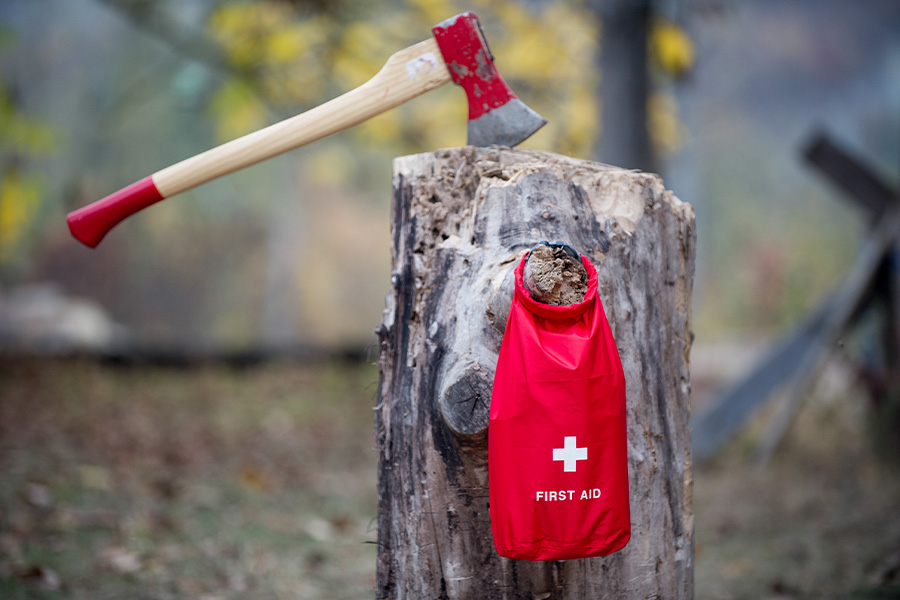 The tip of an axe's blade wedged in the top of a log, with a First Aid bag hanging from a knob of wood protruding from the log. 