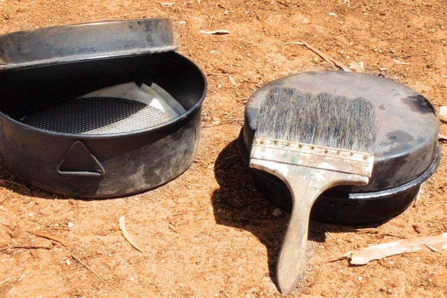 Paint brush and camp oven in the outback