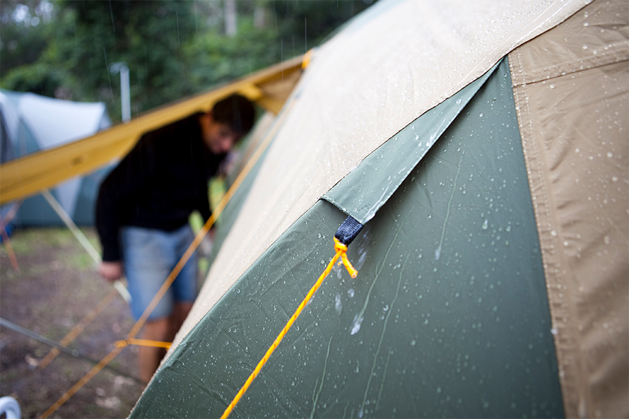 Water droplets on a tent fly. 