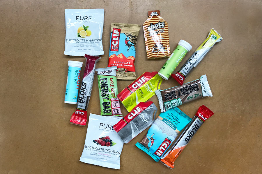 Group shot of energy bars and drinks