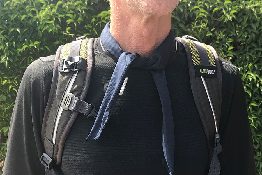 Man wearing Kool Tie while hiking