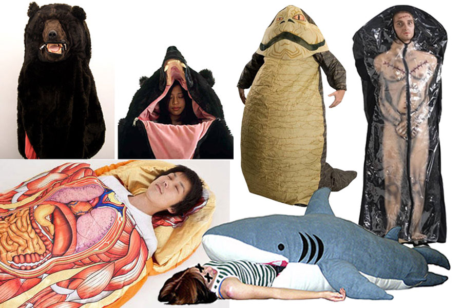 A variety of sleeping bags made to look like animals, dead bodies, etc.