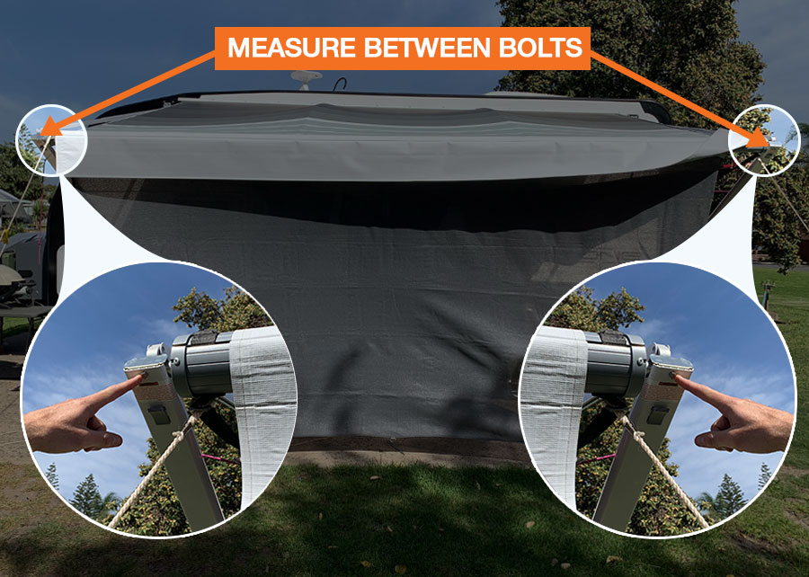 Diagram of caravan awning - where to measure between the bolts to find the measurement for a privacy screen