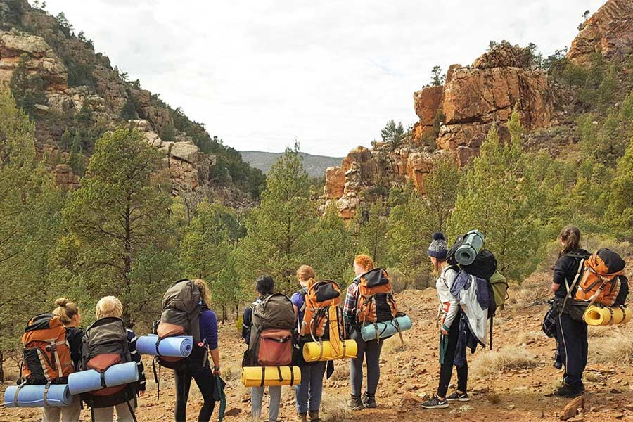 Teenagers wearing hiking packs while bushwalking