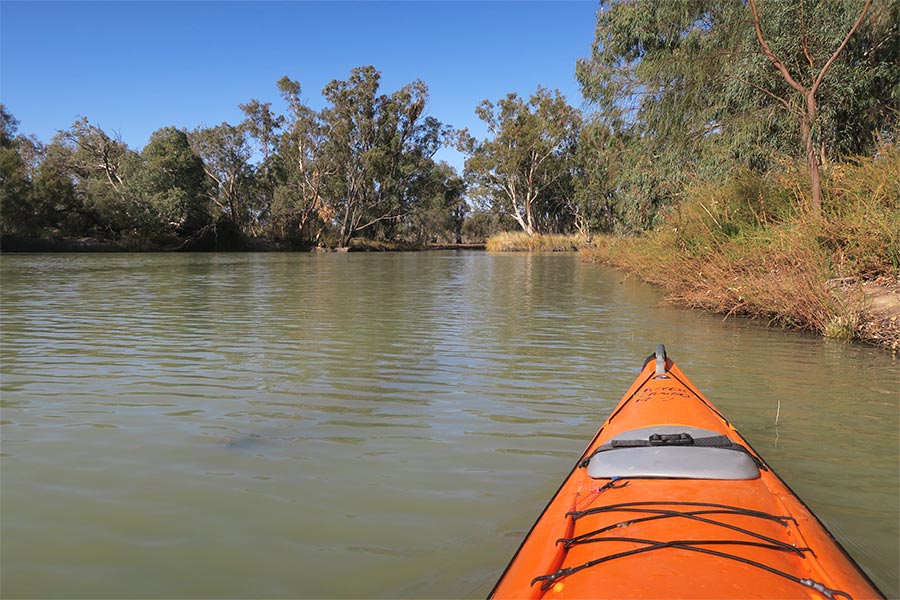 View of the front of the kayak while cruising down the Murray River