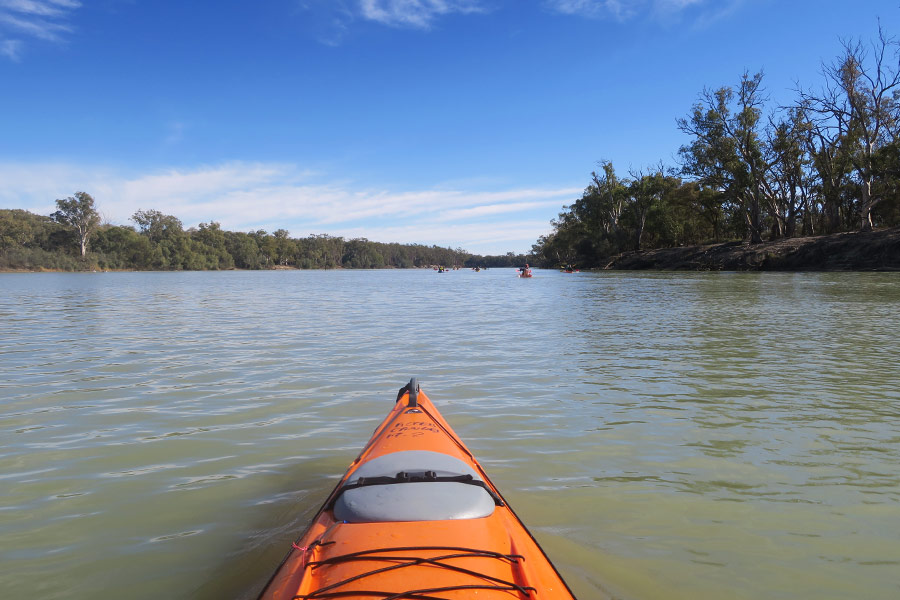 View of the front of the kayak cruising across the Murray River