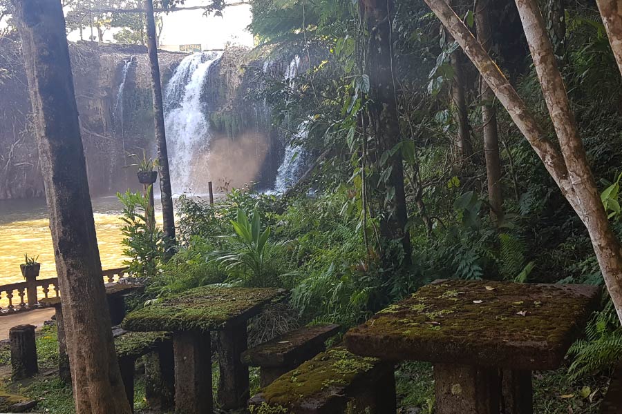 Waterfall next to greenery outdoors