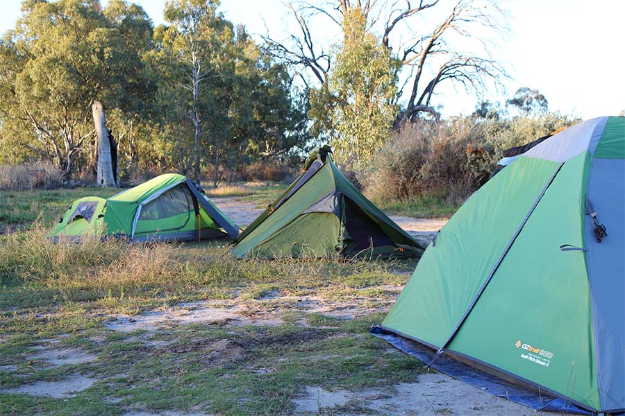 3 green hiking tents set up near each other