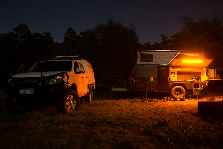 Our new Lifestyle Reconn R2 camper trailer setup at night