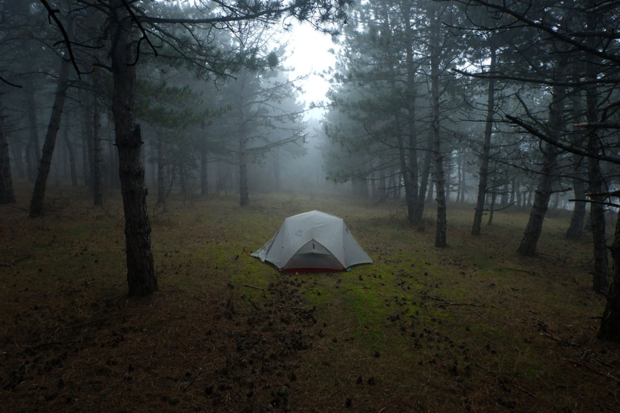 Hiking tent setup in the wild in Georgia
