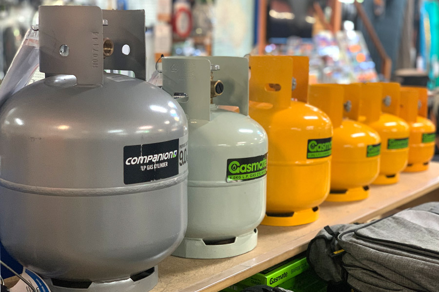 Various sized gas bottles at Snowys Outdoors