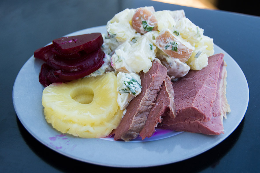 Corn beef meal with beetroot, pineapple and potato salad