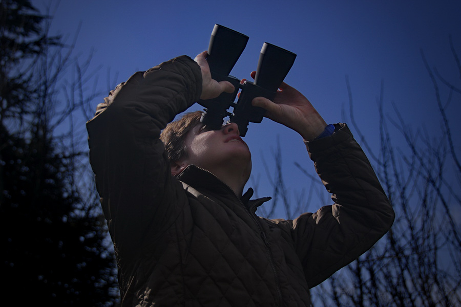 Boy using binoculars to stargaze at dusk
