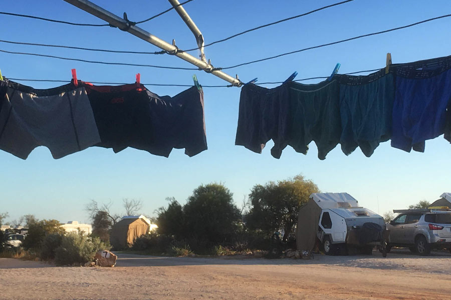 Underwear hangs on a hills hoist in a campground