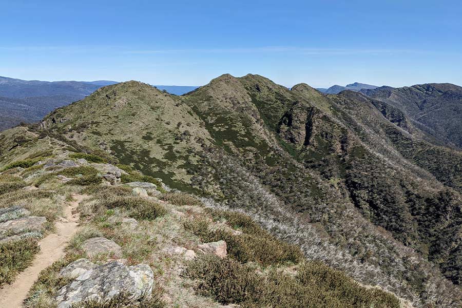 A narrow trail leads off towards a serrated ridge of mountain peaks