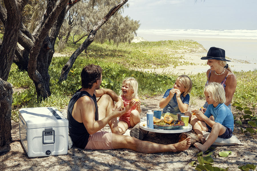A family  of 5 sharing a picnic on the beach under the shade of a tree. The Dad has a large cooler box behind him.