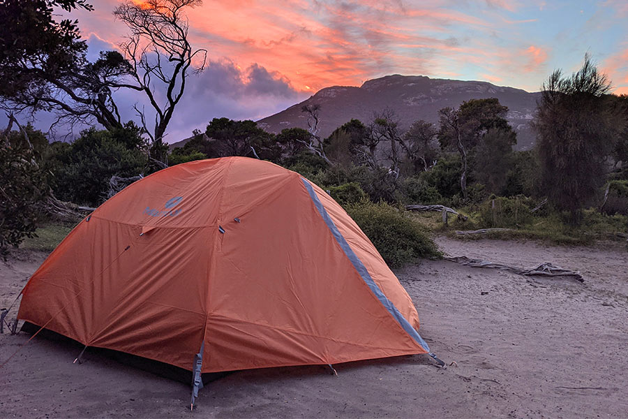 Marmot Fortress 3P tent in Victoria's High Country bush setting at sunset.