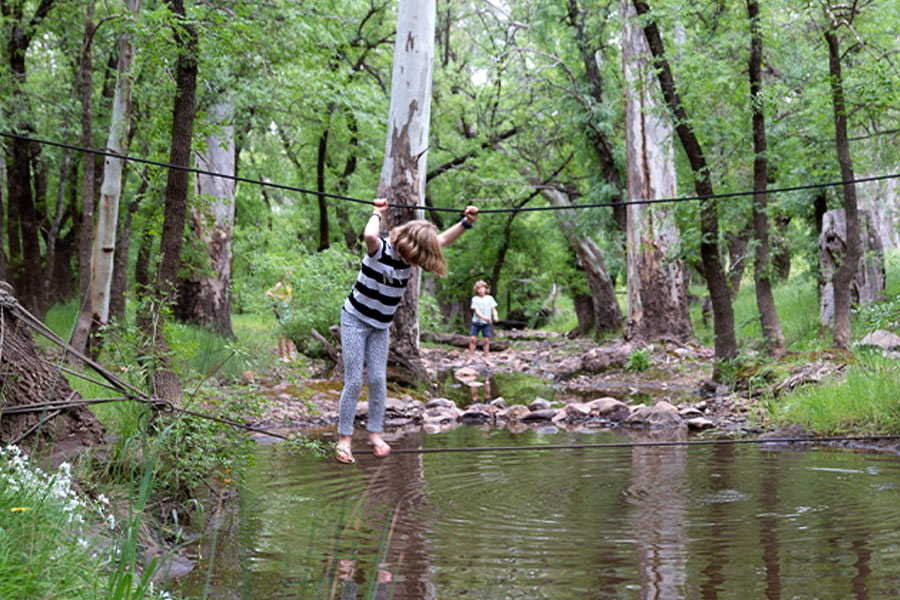 A young child is balancing on a rope while holding on to another rope across a lush creek.
