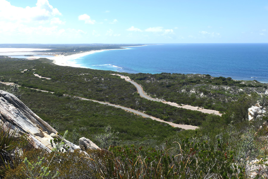 An elevated view looking back towards the Fitzgerald River National Park with the coastline around Hopetoun.