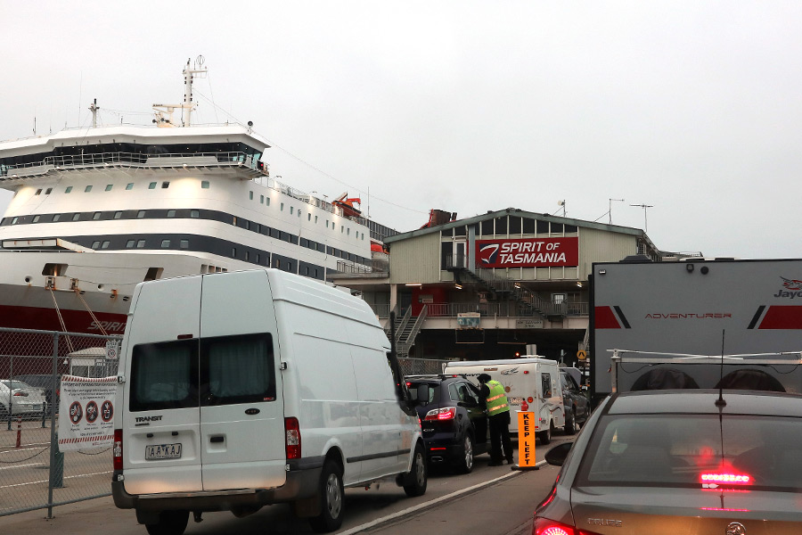 An assortment of vehicles waiting their turn to board the Spirit of Tasmania ferry.