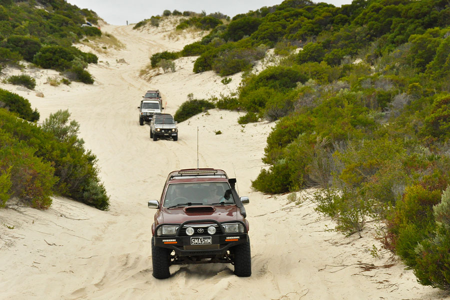 A line of 4WDs follow each other down a sand dune.