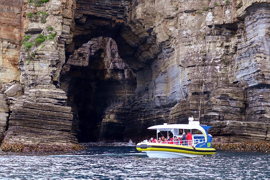 Image is taken from a boat on water looking towards the towering cave entrance along the coast from Hobart. There's a tour boat in front of the cave. 