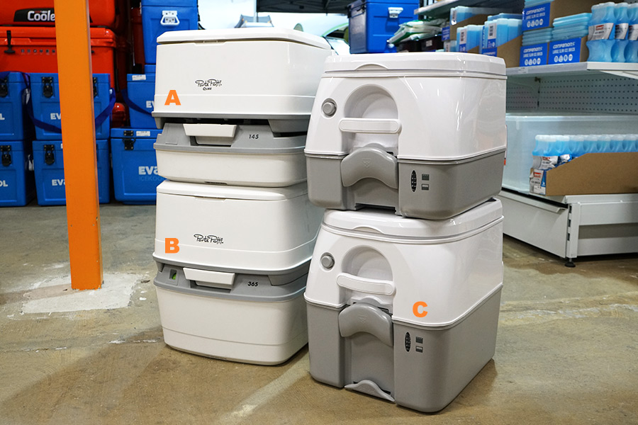 A 2x2 stack of four portable toilets inside a shop. The two on the left are Thetford brand and the two on the right are Dometic brand. They have A,B and C photoshopped near the waste indicators for descriptive purposes.