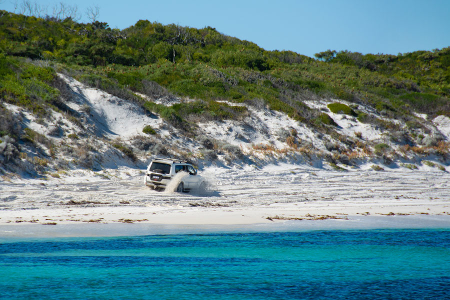 A 4WD vehicle kicks up a spray of soft sand as it drives along an isolated beach. There's blue ocean in the foreground and dunes behind.