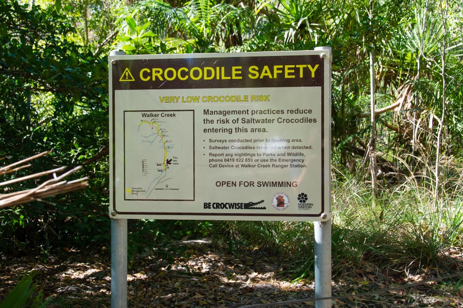 Close up of a large sign detailing crocodile safety in Walker Creek, Litchfield National Park.