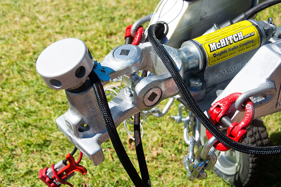 Close up image of a safety hitch for towing a caravan.