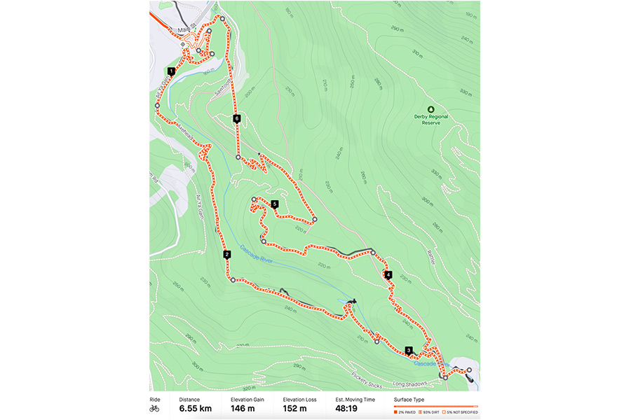 After Husband grabbed sustenance at one of the main street cafes, it was back to the trails for him – now with us in tow! A Strava-style map of a bike route, with a red dotted line indicating where the bike rider has traversed.