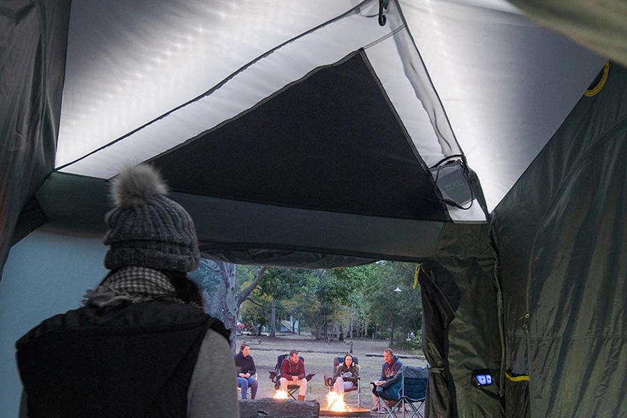 Inside of a Fast Frame Lumos tent, looking out to the campsite.
