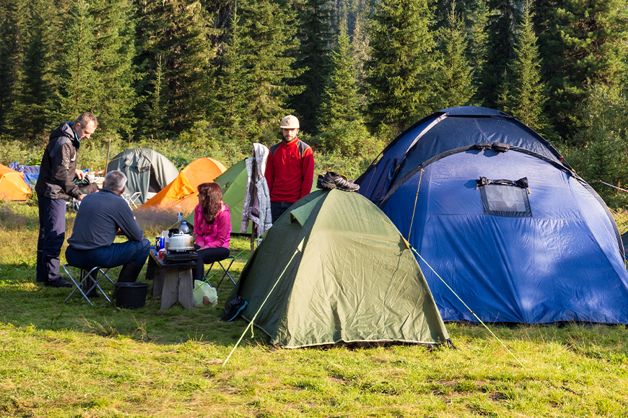 A group sitting around a campsite, surrounded by pop-up tents. 