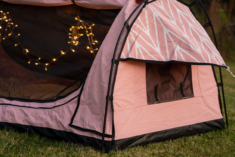 The Rosie swag with fairy lights strung along the interior.